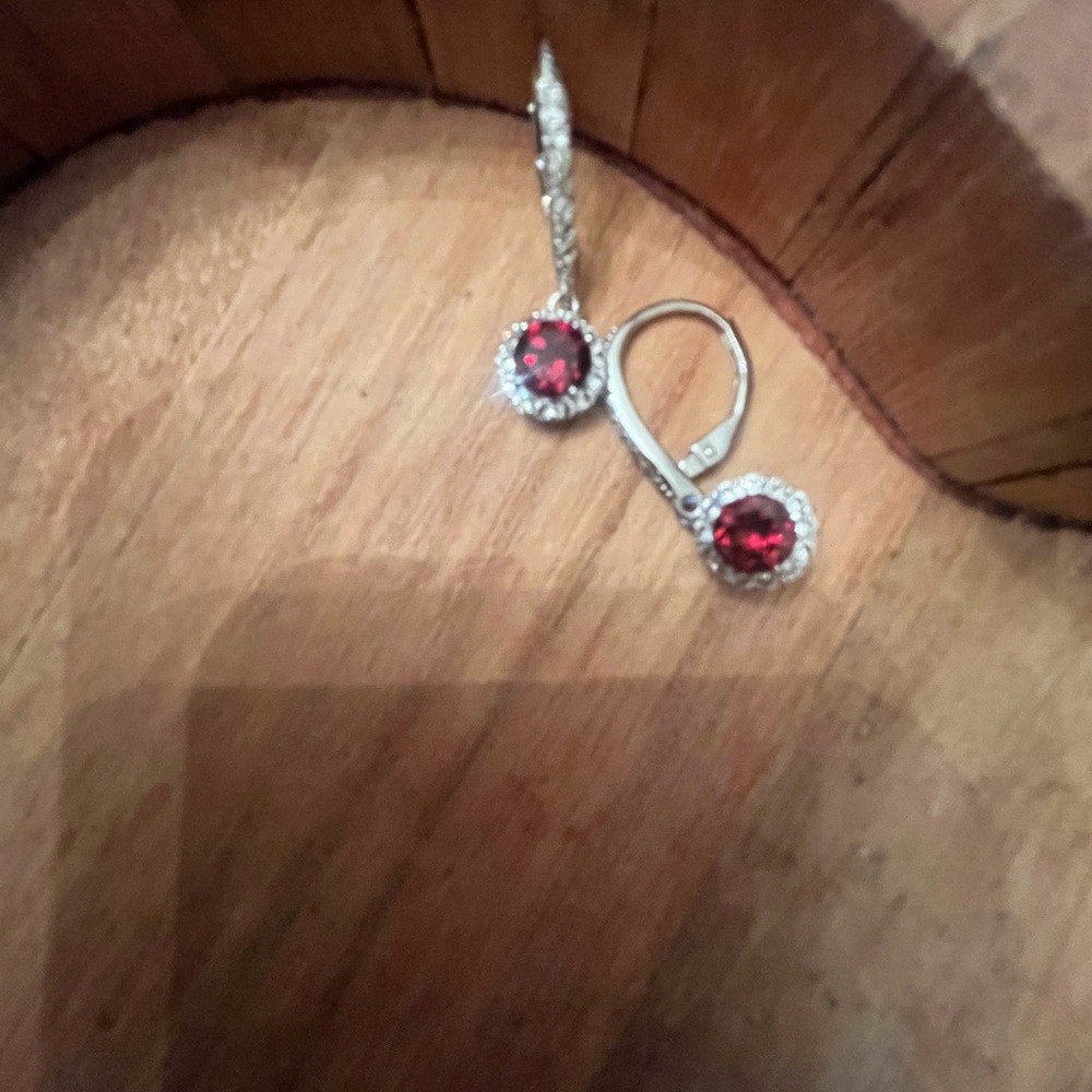 Elegant Genuine Garnet Red and Sterling Silver Drop Earrings
